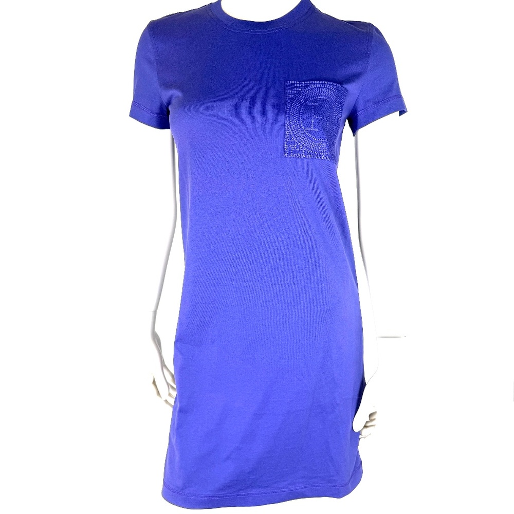 Hermes Embroidered Pocket Violet Purple Cotton Crew Neck Shirt Dress 34 2 New